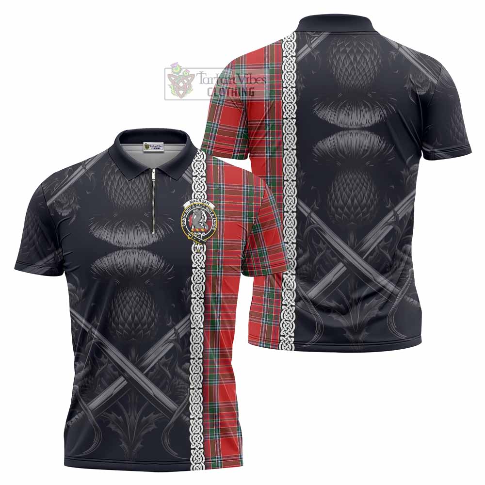 MacBean (MacBain) Tartan Zipper Polo Shirt with Family Crest Cross Sword Thistle Celtic Vibes - Tartan Vibes Clothing