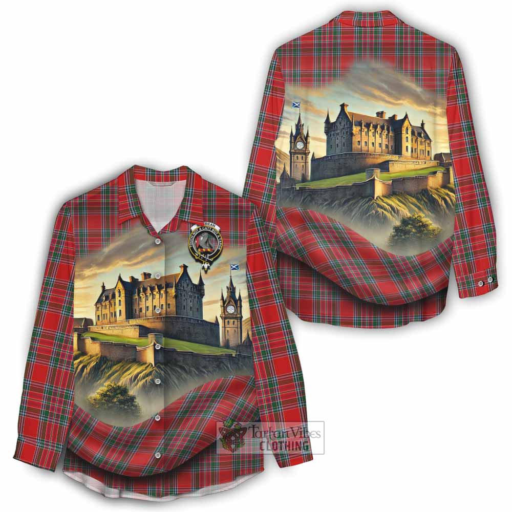 MacBean (MacBain) Tartan Family Crest Women's Casual Shirt with Scottish Ancient Castle Style - Tartan Vibes Clothing