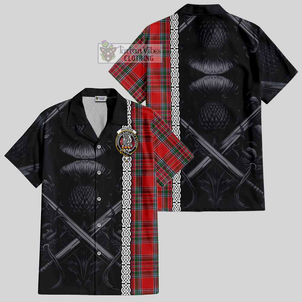 MacBean (MacBain) Tartan Hawaiian Shirt with Family Crest Cross Sword Thistle Celtic Vibes - Tartan Vibes Clothing