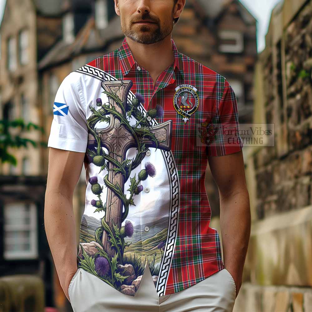 MacBean (MacBain) Tartan Hawaiian Shirt with Family Crest and St. Andrew's Cross Accented by Thistle Vines - Tartan Vibes Clothing