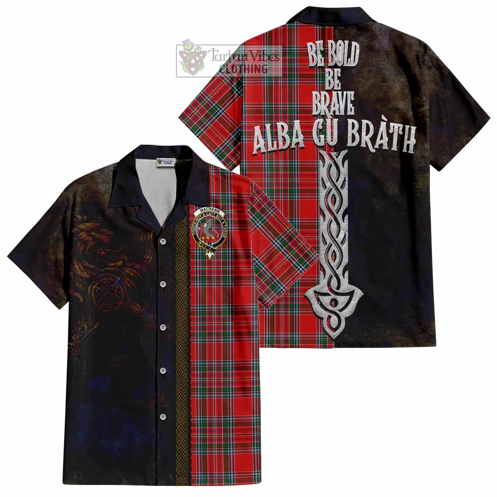 Tartan Vibes Clothing MacBean (MacBain) Tartan Family Crest Short Sleeve Button Shirt Alba Gu Brath Be Brave Lion Ancient Style