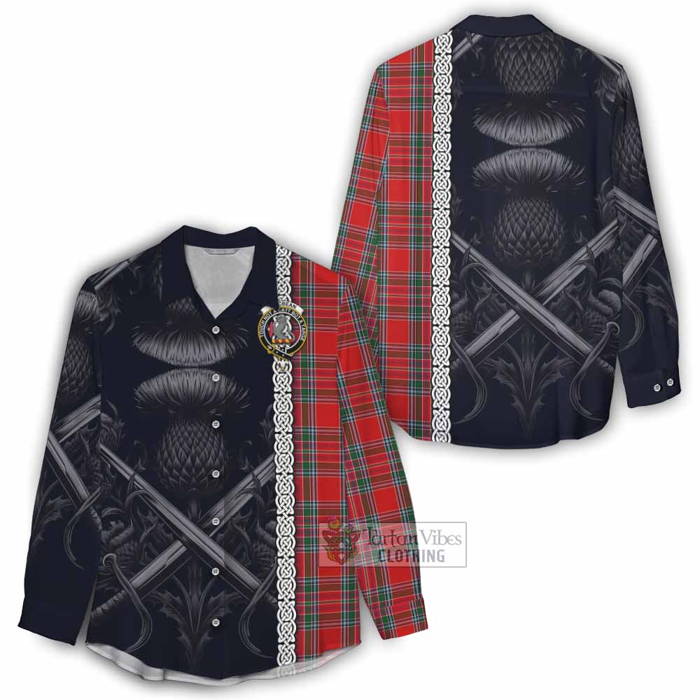MacBean (MacBain) Tartan Women's Casual Shirt with Family Crest Cross Sword Thistle Celtic Vibes - Tartan Vibes Clothing