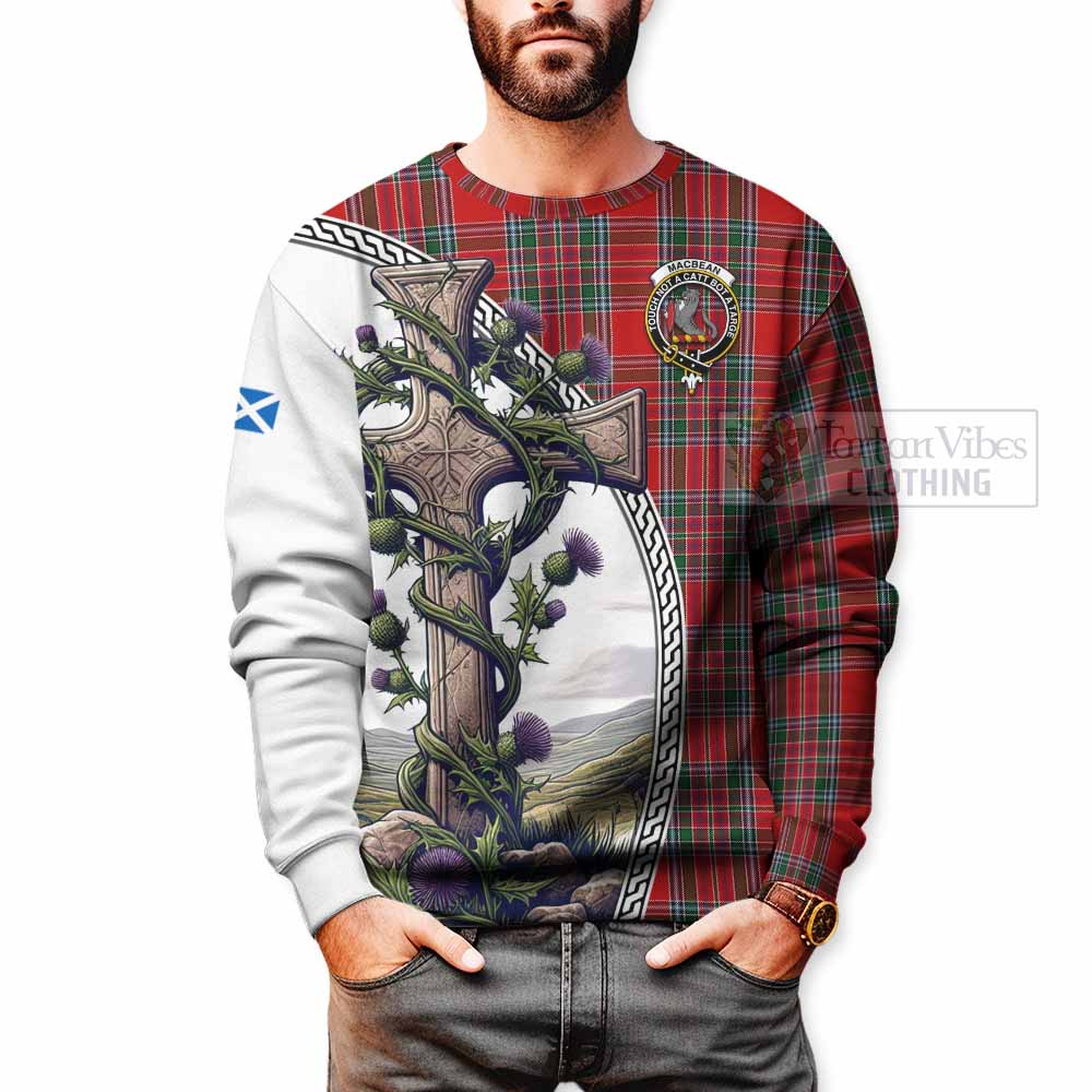 MacBean (MacBain) Tartan Sweatshirt with Family Crest and St. Andrew's Cross Accented by Thistle Vines - Tartan Vibes Clothing