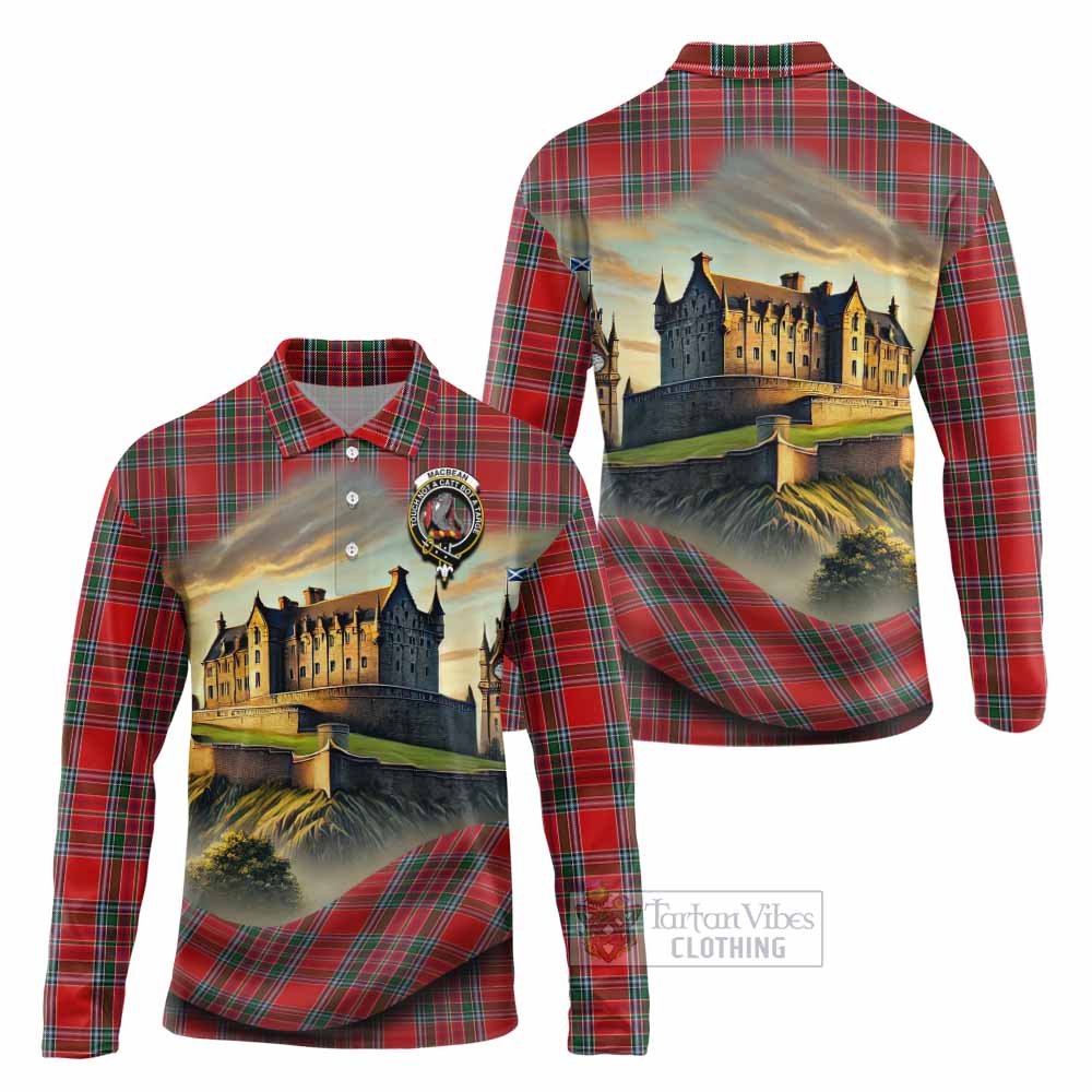 MacBean (MacBain) Tartan Family Crest Long Sleeve Polo Shirt with Scottish Ancient Castle Style - Tartan Vibes Clothing