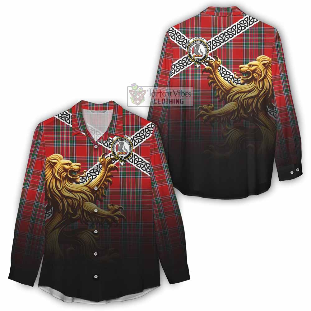 MacBean (MacBain) Crest Tartan Women's Casual Shirt with Golden Lion Emblem Celtic Style - Tartan Vibes Clothing