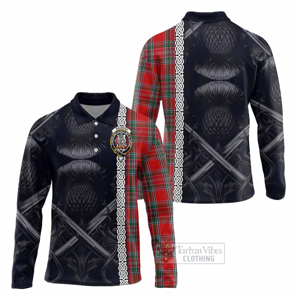 MacBean (MacBain) Tartan Long Sleeve Polo Shirt with Family Crest Cross Sword Thistle Celtic Vibes - Tartan Vibes Clothing
