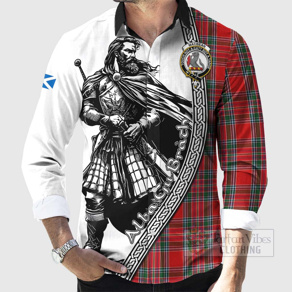 MacBean (MacBain) Tartan Clan Crest Long Sleeve Button Shirt with Highlander Warrior Celtic Style - Tartan Vibes Clothing