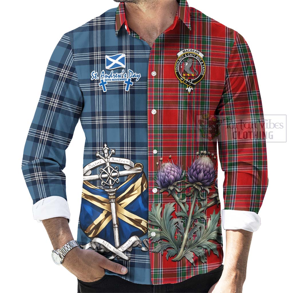 MacBean (MacBain) Tartan Long Sleeve Button Shirt Happy St. Andrew's Day Half Tartan Style - Tartan Vibes Clothing