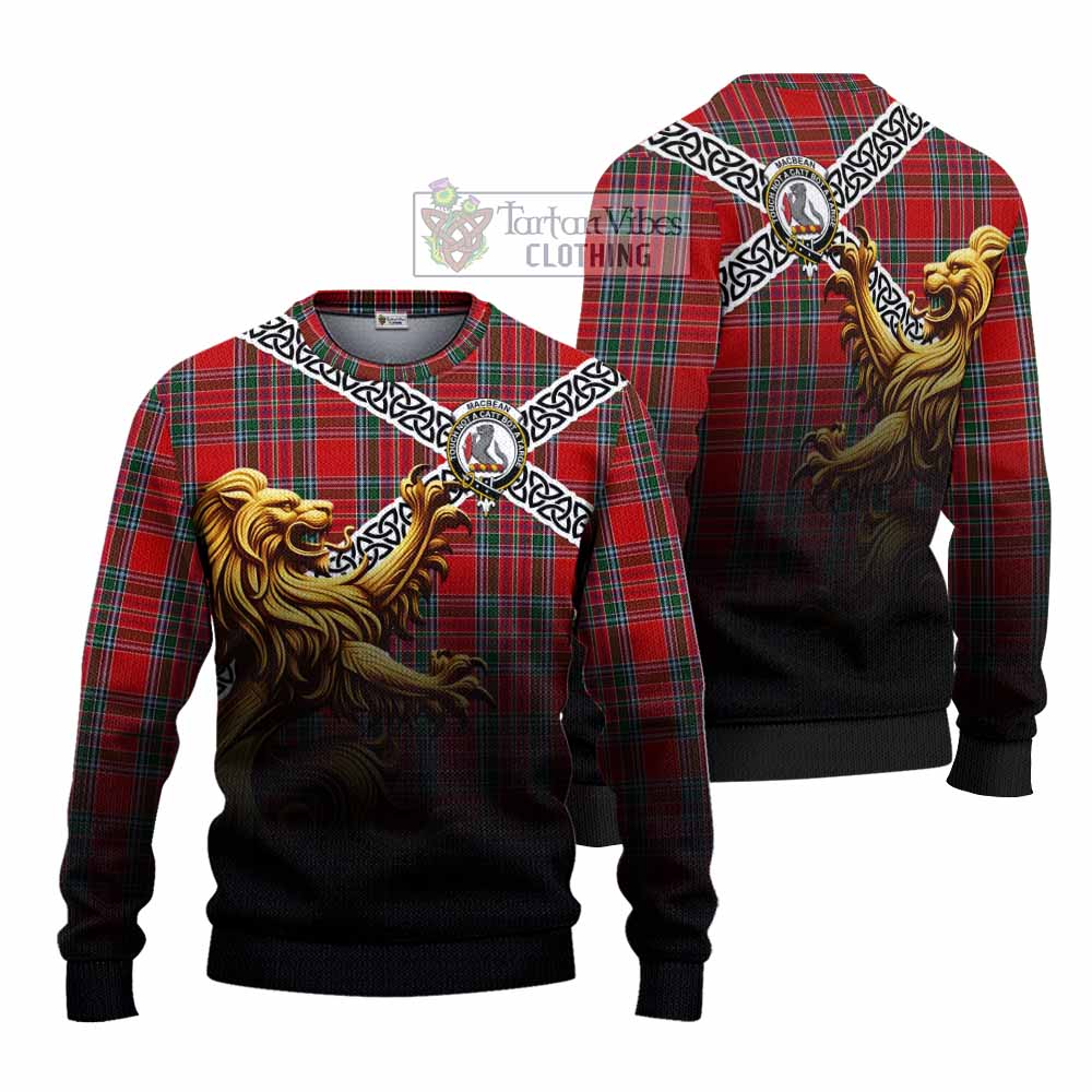 MacBean (MacBain) Crest Tartan Knitted Sweater with Golden Lion Emblem Celtic Style - Tartan Vibes Clothing