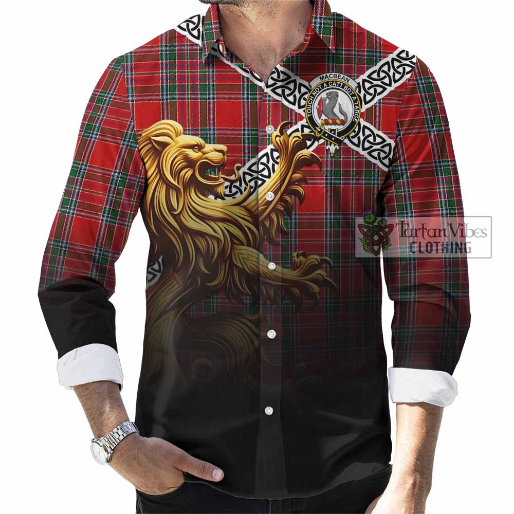 MacBean (MacBain) Crest Tartan Long Sleeve Button Shirt with Golden Lion Emblem Celtic Style - Tartan Vibes Clothing
