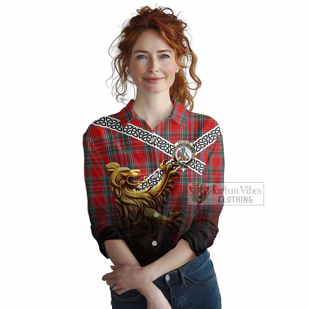 MacBean (MacBain) Crest Tartan Women's Casual Shirt with Golden Lion Emblem Celtic Style - Tartan Vibes Clothing