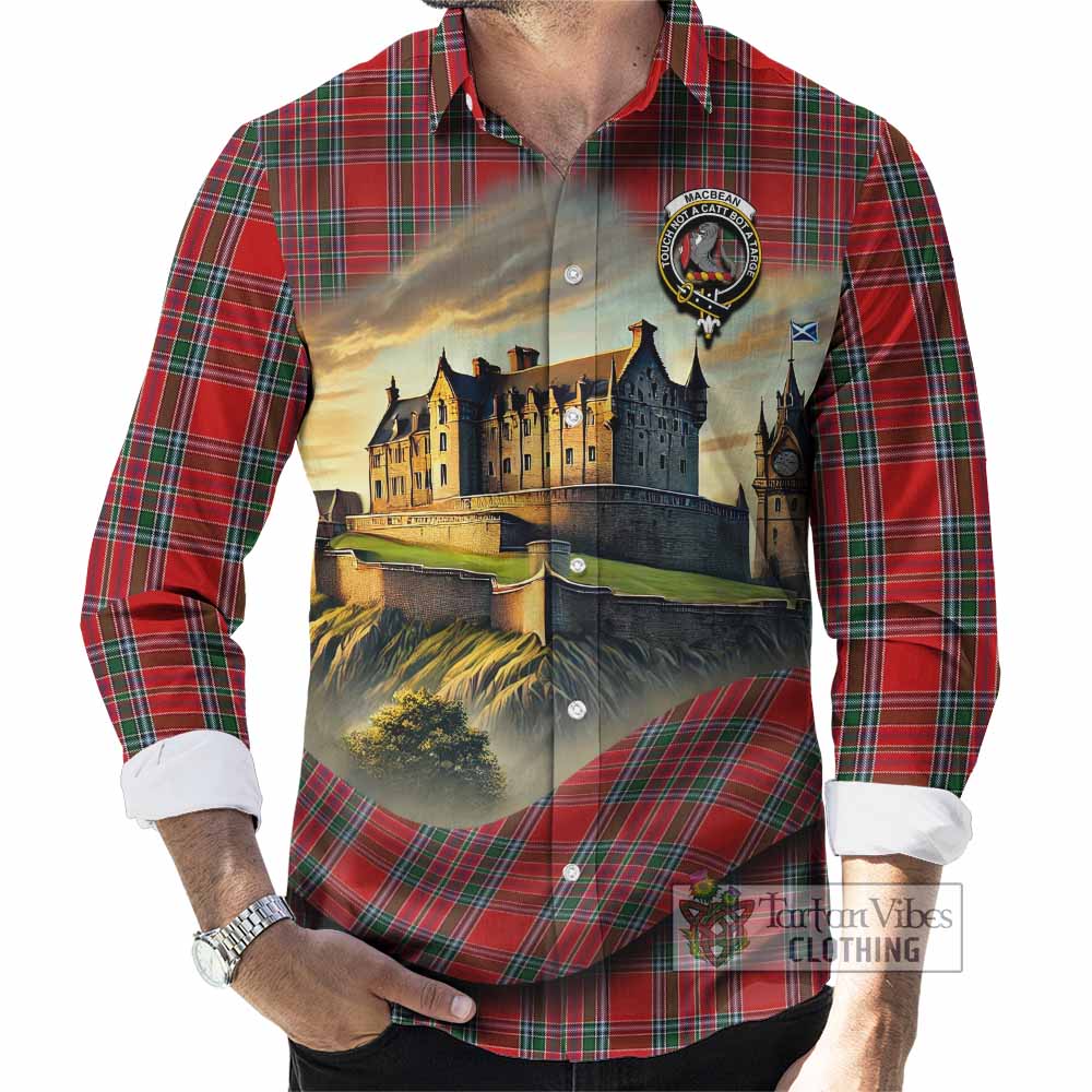 Tartan Vibes Clothing MacBean (MacBain) Tartan Family Crest Long Sleeve Button Shirt with Scottish Ancient Castle Style