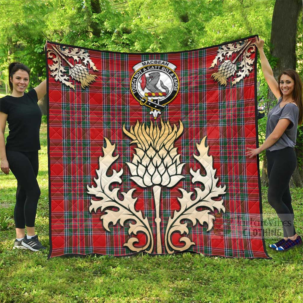 Tartan Vibes Clothing MacBean (MacBain) Tartan Quilt with Family Crest and Golden Thistle Style