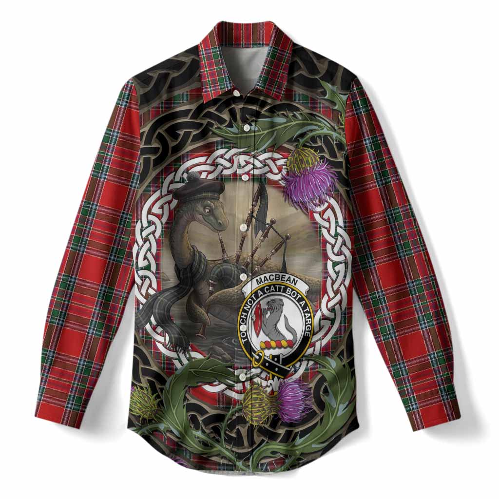 MacBean (MacBain) Tartan Crest Bagpipe Nessie Women Casual Shirt Scottish Loch Ness Monster Celtic Thistle