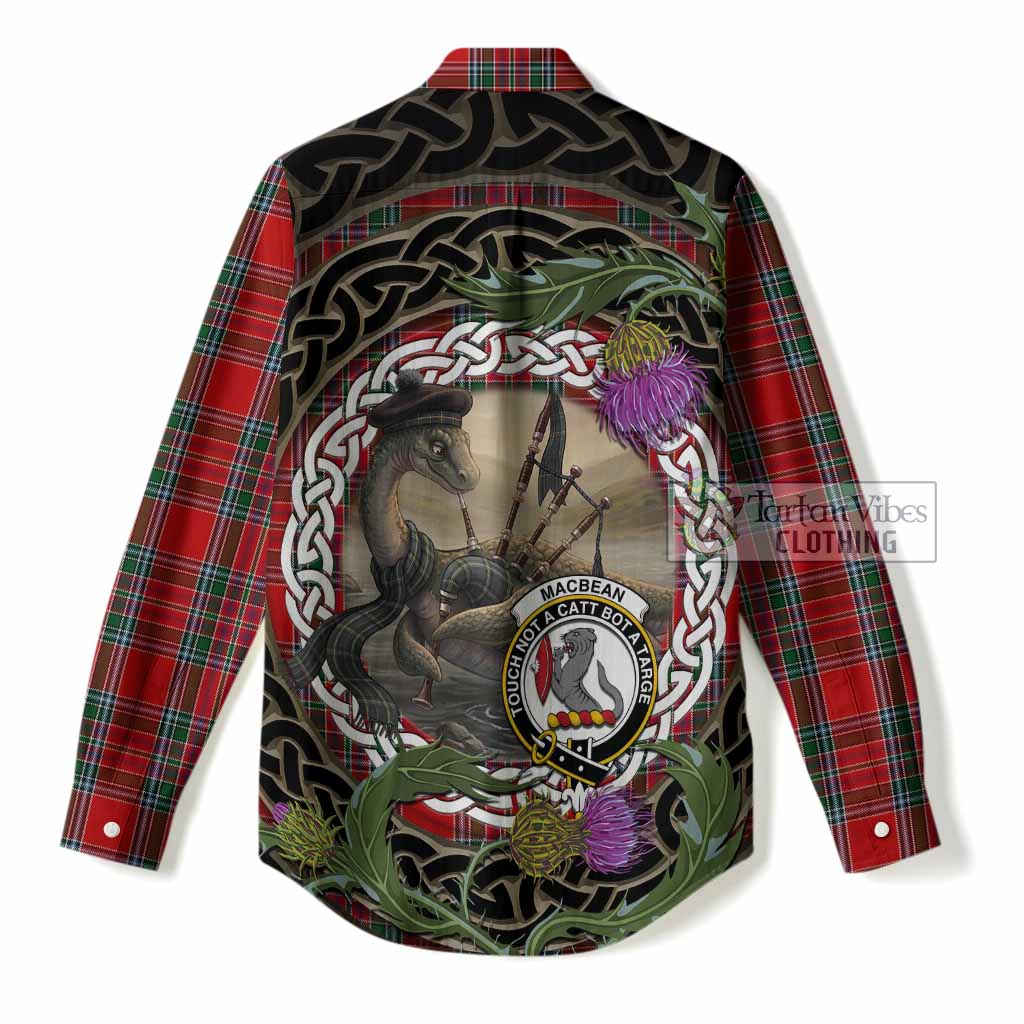 MacBean (MacBain) Tartan Crest Bagpipe Nessie Women Casual Shirt Scottish Loch Ness Monster Celtic Thistle