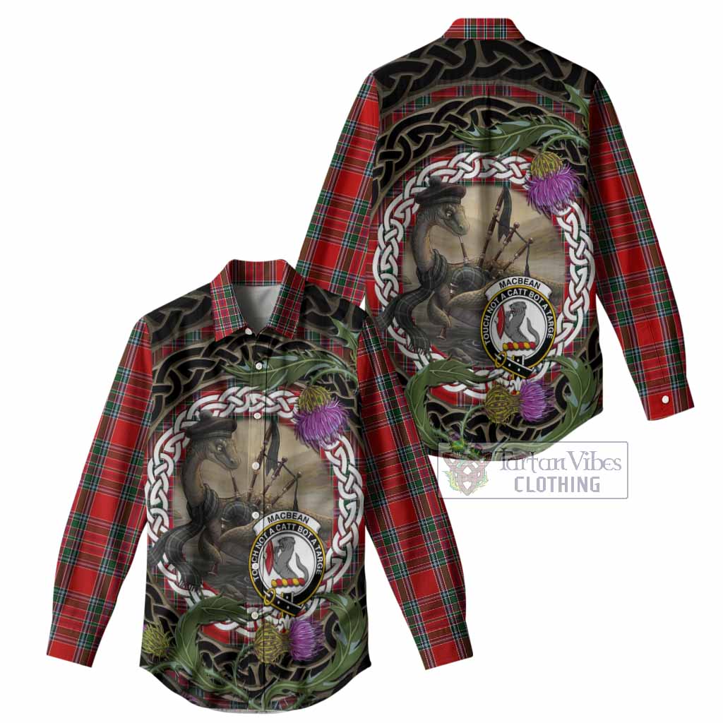 MacBean (MacBain) Tartan Crest Bagpipe Nessie Women Casual Shirt Scottish Loch Ness Monster Celtic Thistle