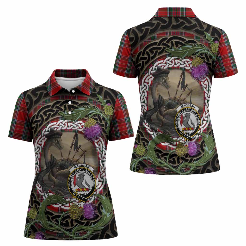 MacBean (MacBain) Tartan Crest Bagpipe Nessie Women Polo Shirt Scottish Loch Ness Monster Celtic Thistle