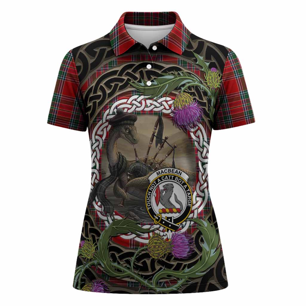 MacBean (MacBain) Tartan Crest Bagpipe Nessie Women Polo Shirt Scottish Loch Ness Monster Celtic Thistle