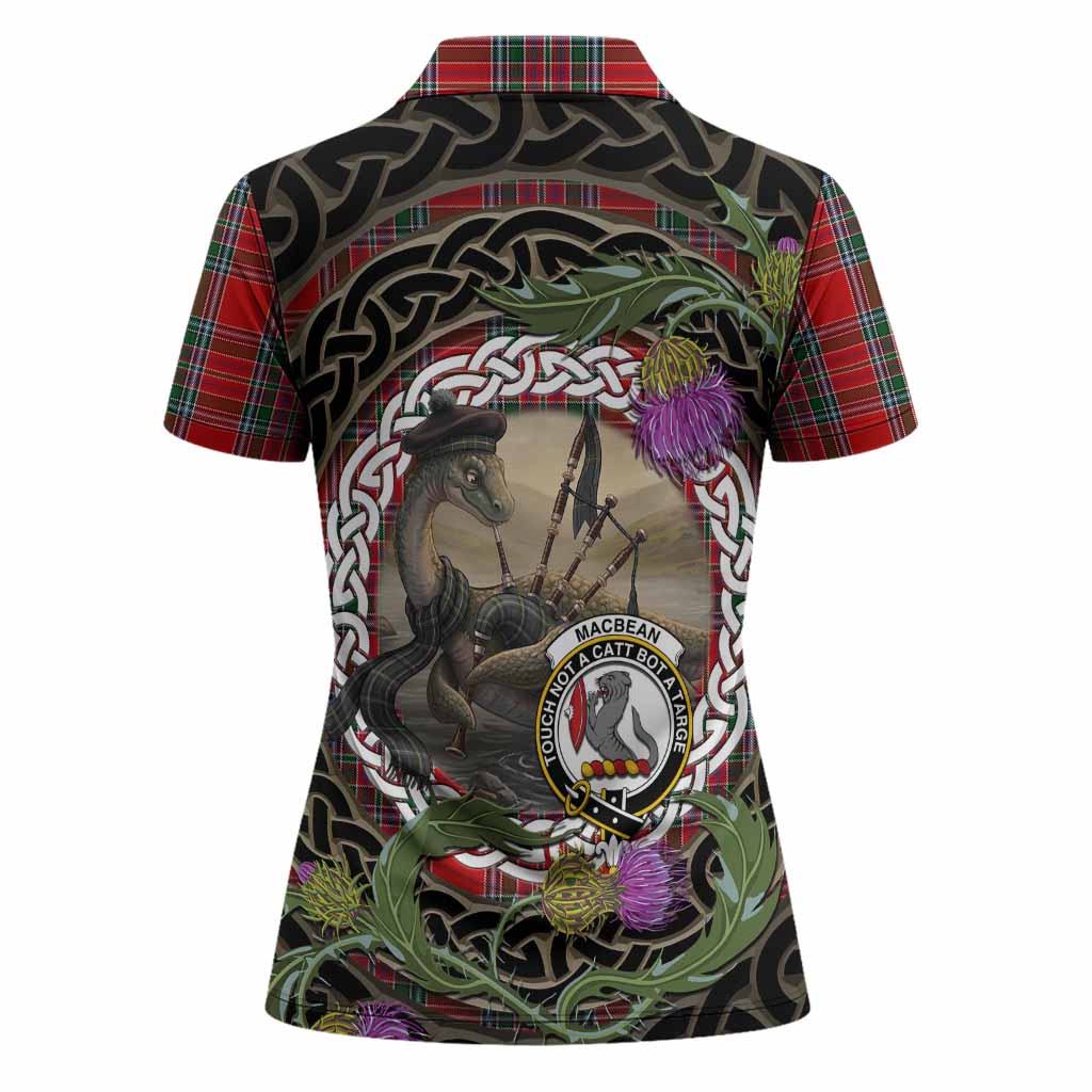 MacBean (MacBain) Tartan Crest Bagpipe Nessie Women Polo Shirt Scottish Loch Ness Monster Celtic Thistle
