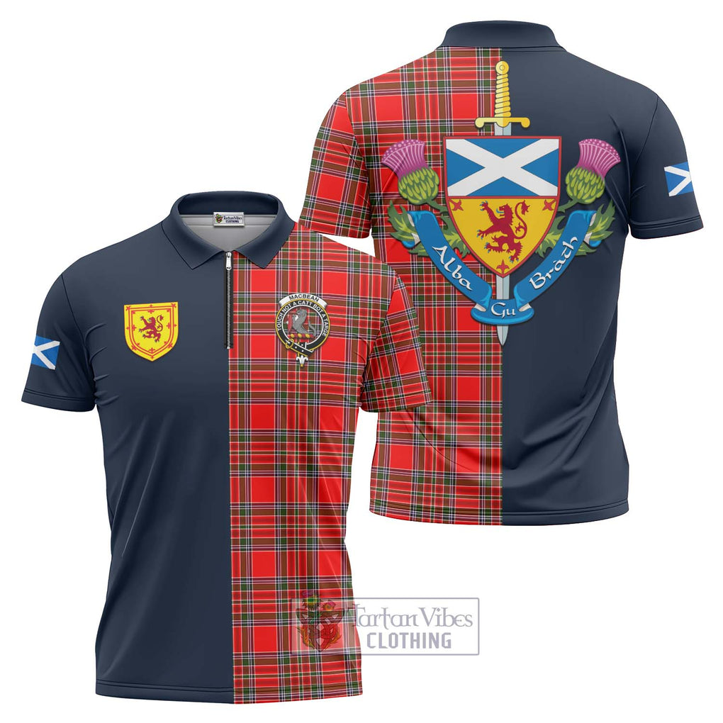 MacBean Modern Tartan Zipper Polo Shirt Alba with Scottish Lion Royal Arm Half Style Unisex - Tartan Vibes Clothing