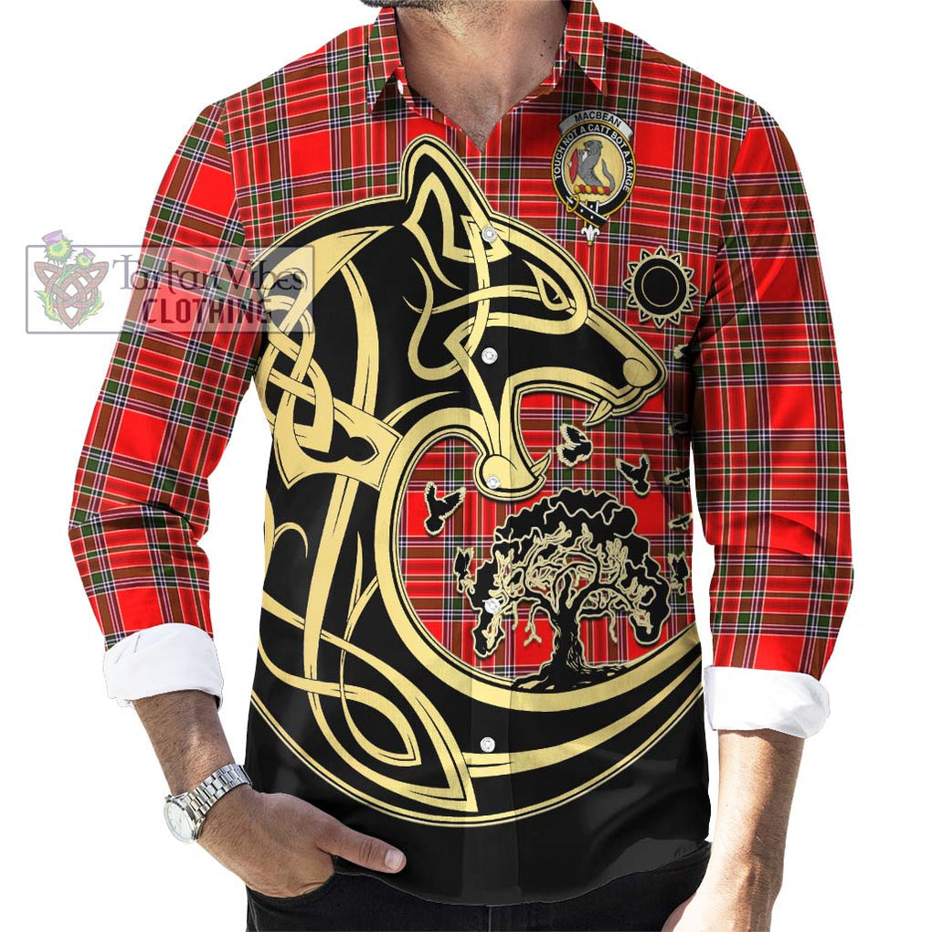 MacBean Modern Tartan Long Sleeve Button Shirt with Family Crest Celtic Wolf Style - Tartan Vibes Clothing