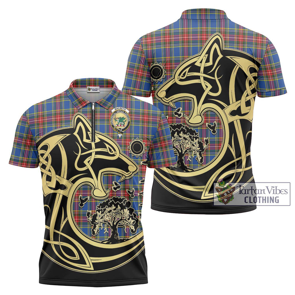 MacBeth (McBeth) Tartan Zipper Polo Shirt with Family Crest Celtic Wolf Style Unisex - Tartan Vibes Clothing