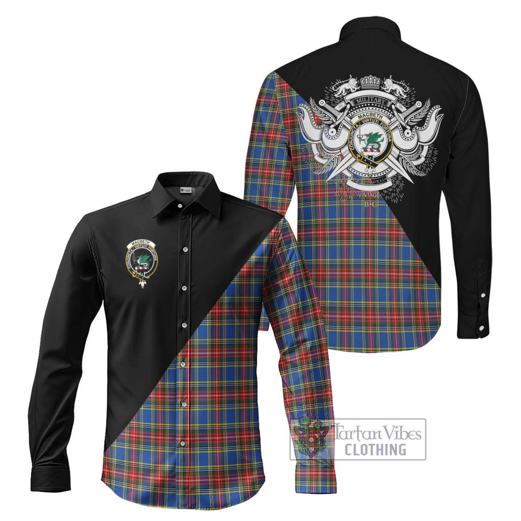 MacBeth (McBeth) Tartan Long Sleeve Button Shirt with Family Crest and Military Logo Style Men's Shirt S - Tartanvibesclothing Shop