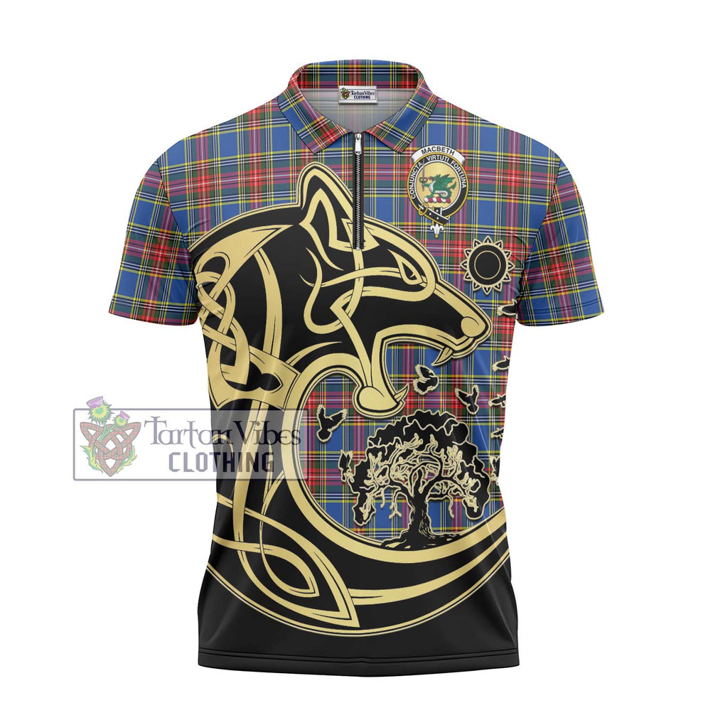MacBeth (McBeth) Tartan Zipper Polo Shirt with Family Crest Celtic Wolf Style - Tartan Vibes Clothing