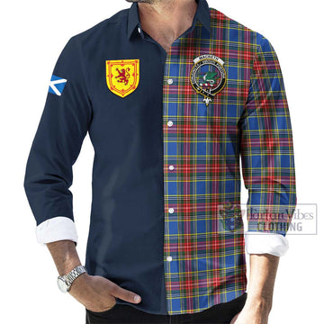 Tartan Vibes Clothing MacBeth Tartan Long Sleeve Button Shirt with Scottish Lion Royal Arm Half Style