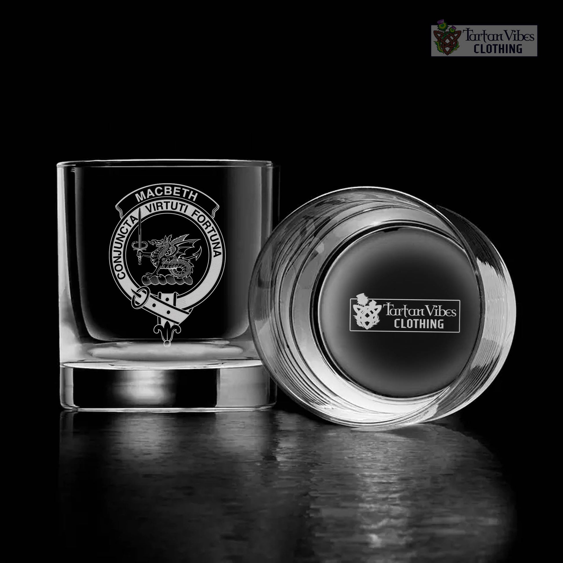 Tartan Vibes Clothing MacBeth Family Crest Engraved Whiskey Glass with Handle