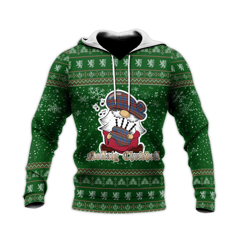 MacBeth Clan Christmas Knitted Hoodie with Funny Gnome Playing Bagpipes - Tartanvibesclothing