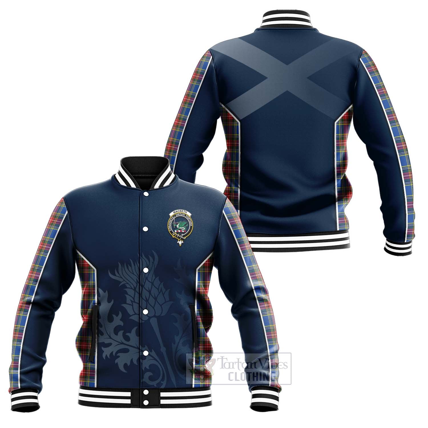 MacBeth (McBeth) Tartan Baseball Jacket with Family Crest and Scottish Thistle Vibes Sport Style Unisex - Tartan Vibes Clothing