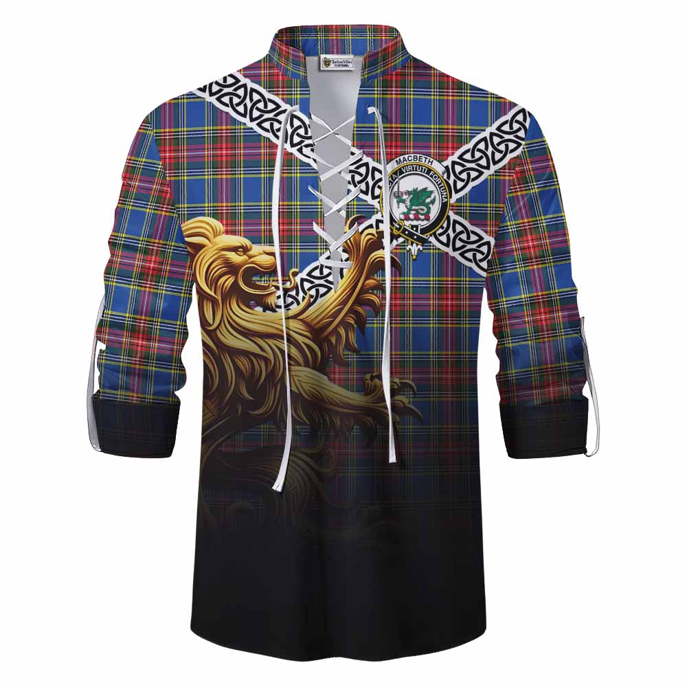 MacBeth (McBeth) Crest Tartan Ghillie Kilt Shirt with Golden Lion Emblem Celtic Style Men - Tartan Vibes Clothing