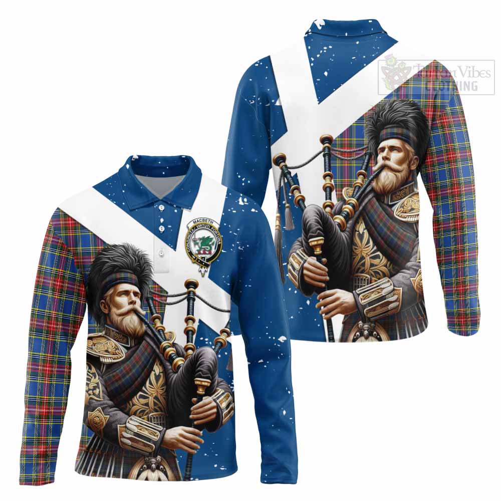 MacBeth (McBeth) Tartan Long Sleeve Polo Shirt with Family Crest Scottish Bagpiper Vibes Unisex - Tartan Vibes Clothing