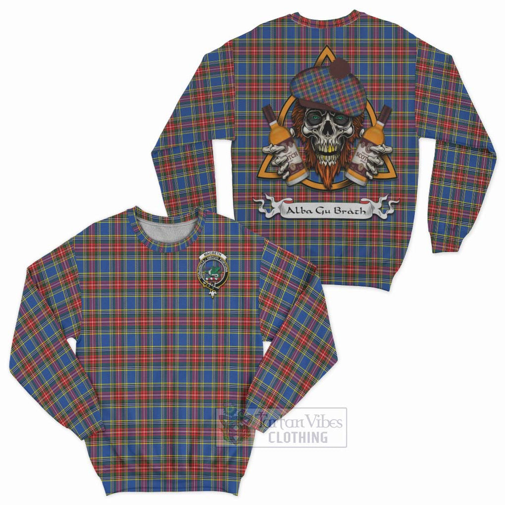 MacBeth (McBeth) Tartan Sweatshirt with Family Crest and Bearded Skull Holding Bottles of Whiskey Unisex - Tartan Vibes Clothing