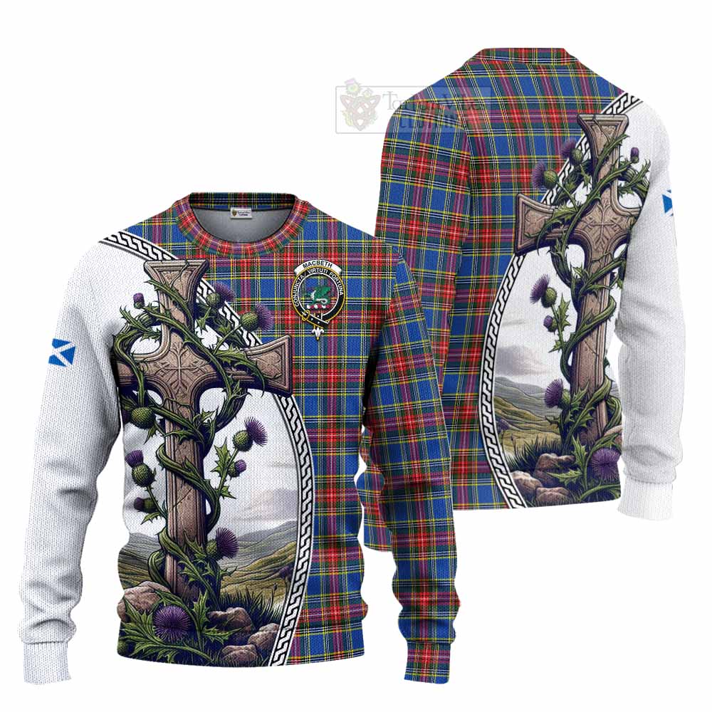 MacBeth (McBeth) Tartan Knitted Sweater with Family Crest and St. Andrew's Cross Accented by Thistle Vines Unisex - Tartan Vibes Clothing