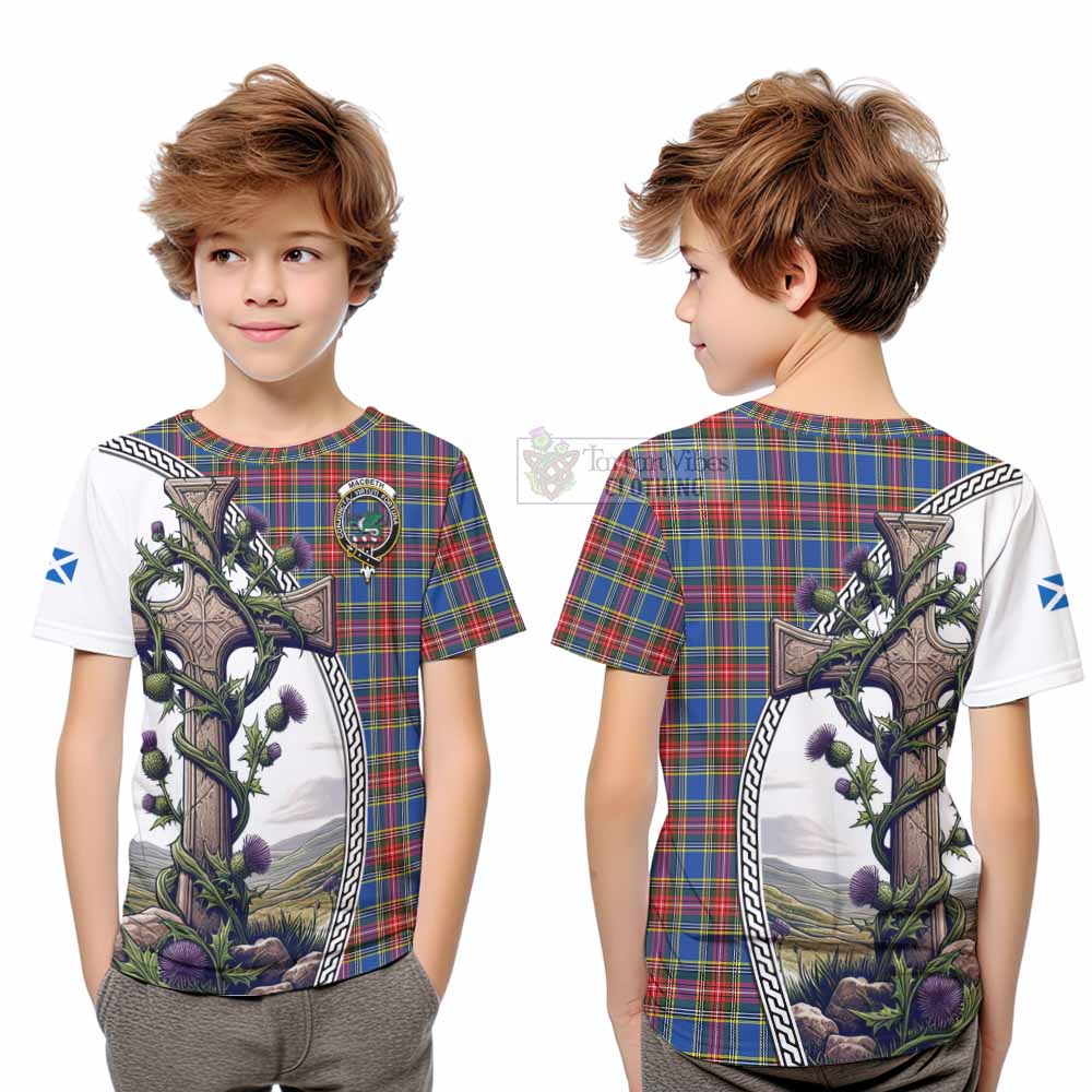 MacBeth (McBeth) Tartan Kid T-Shirt with Family Crest and St. Andrew's Cross Accented by Thistle Vines Youth XL Size14 - Tartan Vibes Clothing