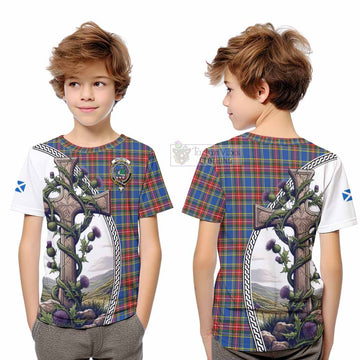 MacBeth (McBeth) Tartan Kid T-Shirt with Family Crest and St. Andrew's Cross Accented by Thistle Vines Youth XL Size14 - Tartan Vibes Clothing