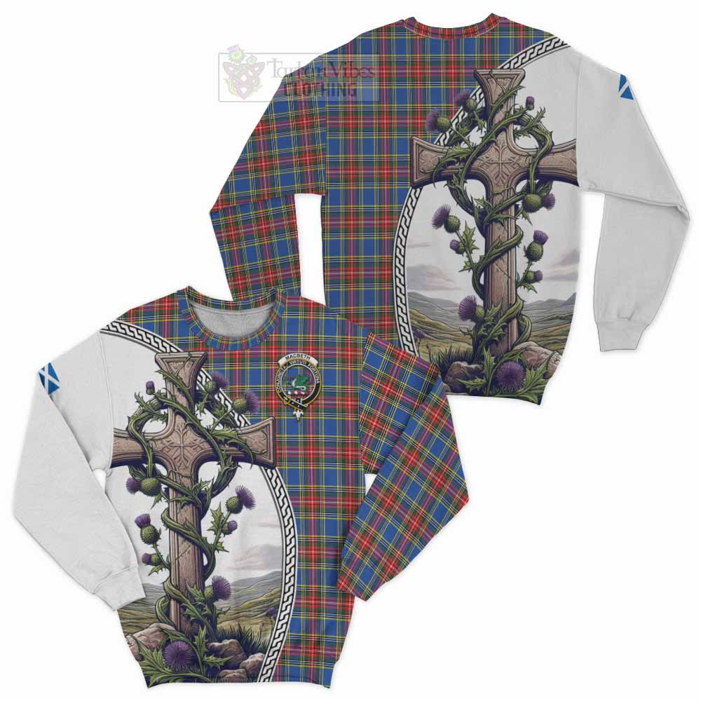 MacBeth (McBeth) Tartan Sweatshirt with Family Crest and St. Andrew's Cross Accented by Thistle Vines Unisex - Tartan Vibes Clothing