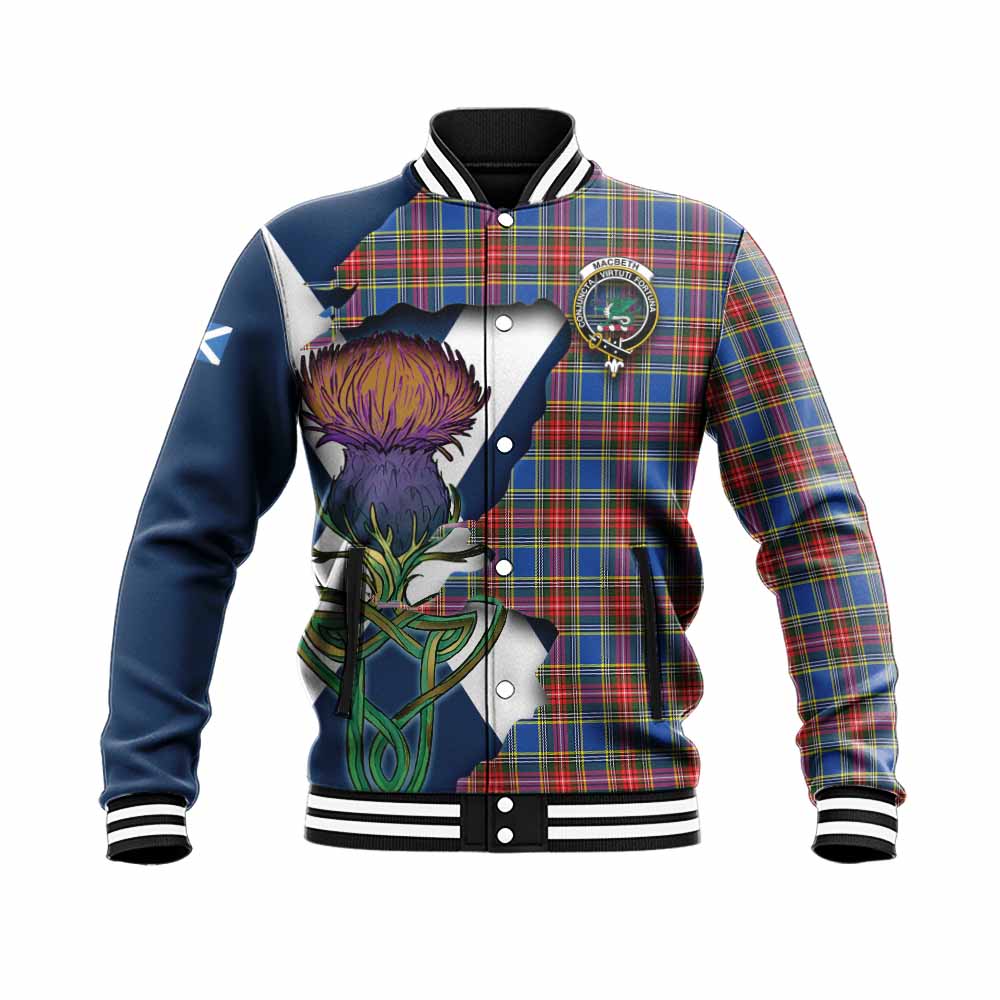Tartan Vibes Clothing MacBeth (McBeth) Tartan Family Crest Baseball Jacket Scottish Thistle Celtic Inspired
