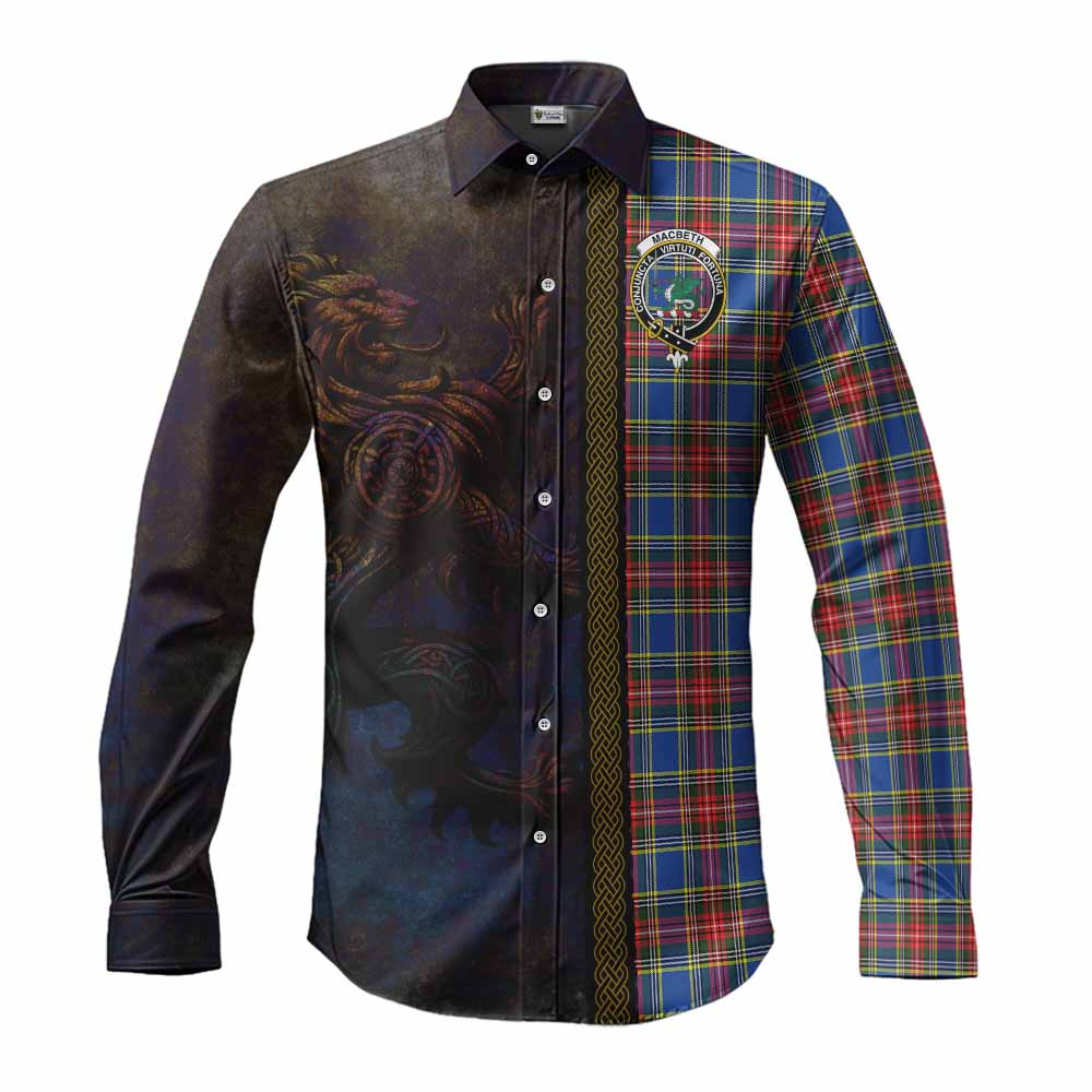 Tartan Vibes Clothing MacBeth (McBeth) Tartan Family Crest Long Sleeve Button Shirt Alba Gu Brath Be Brave Lion Ancient Style