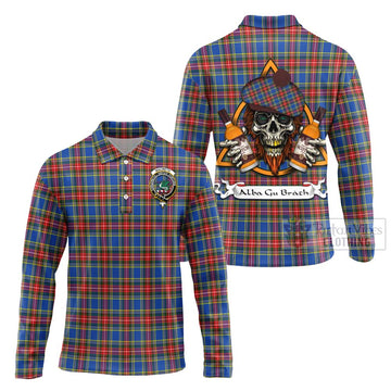 MacBeth (McBeth) Tartan Long Sleeve Polo Shirt with Family Crest and Bearded Skull Holding Bottles of Whiskey Unisex - Tartan Vibes Clothing