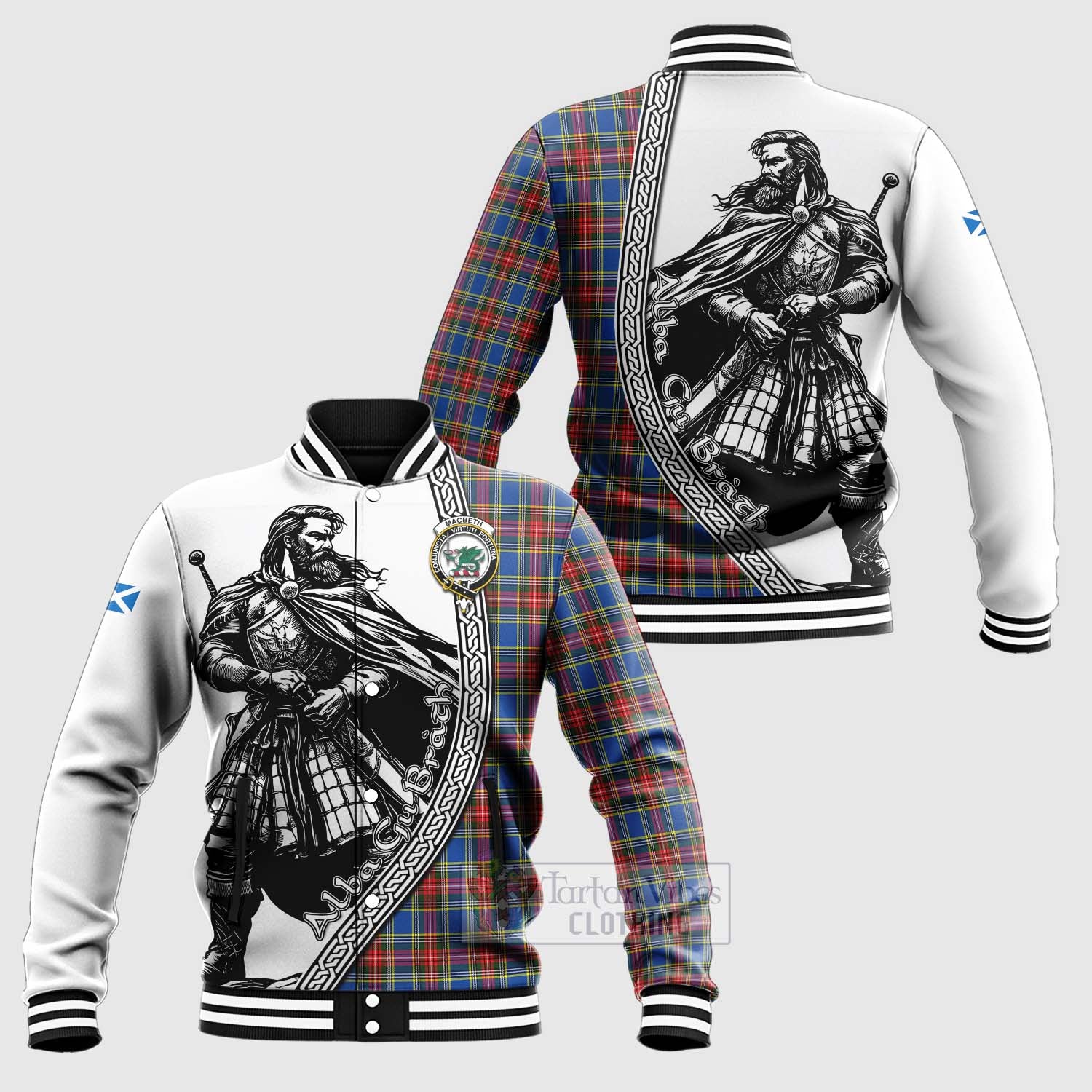 MacBeth (McBeth) Tartan Clan Crest Baseball Jacket with Highlander Warrior Celtic Style Unisex - Tartan Vibes Clothing