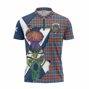 Tartan Vibes Clothing MacBeth (McBeth) Tartan Family Crest Zipper Polo Shirt Scottish Thistle Celtic Inspired