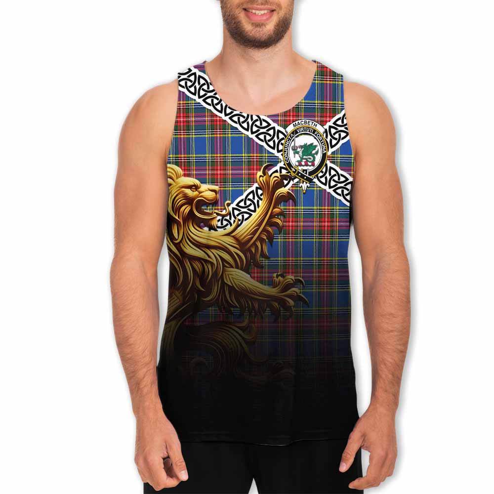 Tartan Vibes Clothing MacBeth (McBeth) Crest Tartan Men's Tank Top with Golden Lion Emblem Celtic Style
