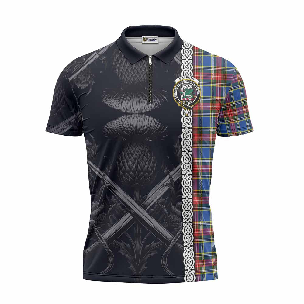 MacBeth (McBeth) Tartan Zipper Polo Shirt with Family Crest Cross Sword Thistle Celtic Vibes Unisex - Tartan Vibes Clothing