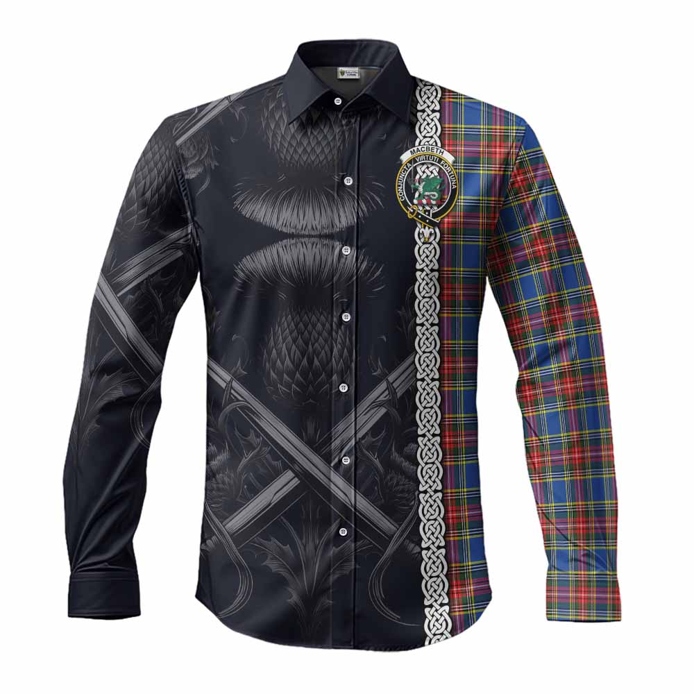 Tartan Vibes Clothing MacBeth (McBeth) Tartan Long Sleeve Button Shirt with Family Crest Cross Sword Thistle Celtic Vibes