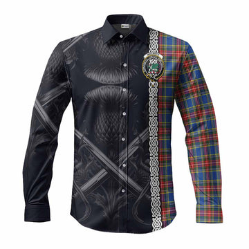 Tartan Vibes Clothing MacBeth (McBeth) Tartan Long Sleeve Button Shirt with Family Crest Cross Sword Thistle Celtic Vibes