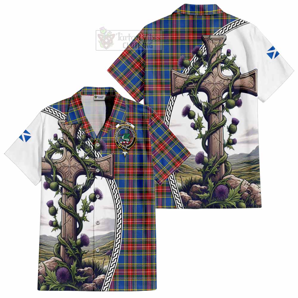 MacBeth (McBeth) Tartan Hawaiian Shirt with Family Crest and St. Andrew's Cross Accented by Thistle Vines Kid - Tartan Vibes Clothing