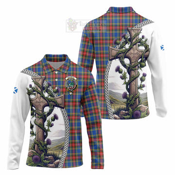 MacBeth (McBeth) Tartan Long Sleeve Polo Shirt with Family Crest and St. Andrew's Cross Accented by Thistle Vines Unisex - Tartan Vibes Clothing